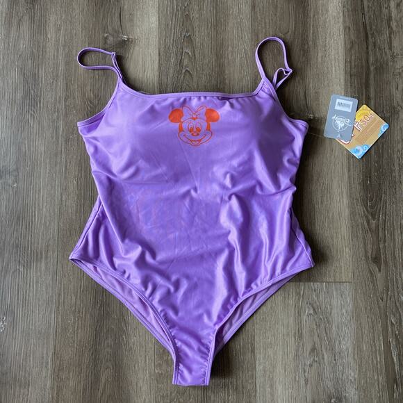 Disney Swim Suit Sz XL Purple Minnie Mouse Graphic Removeable Pads SPF 50+ NWT - Picture 1 of 12